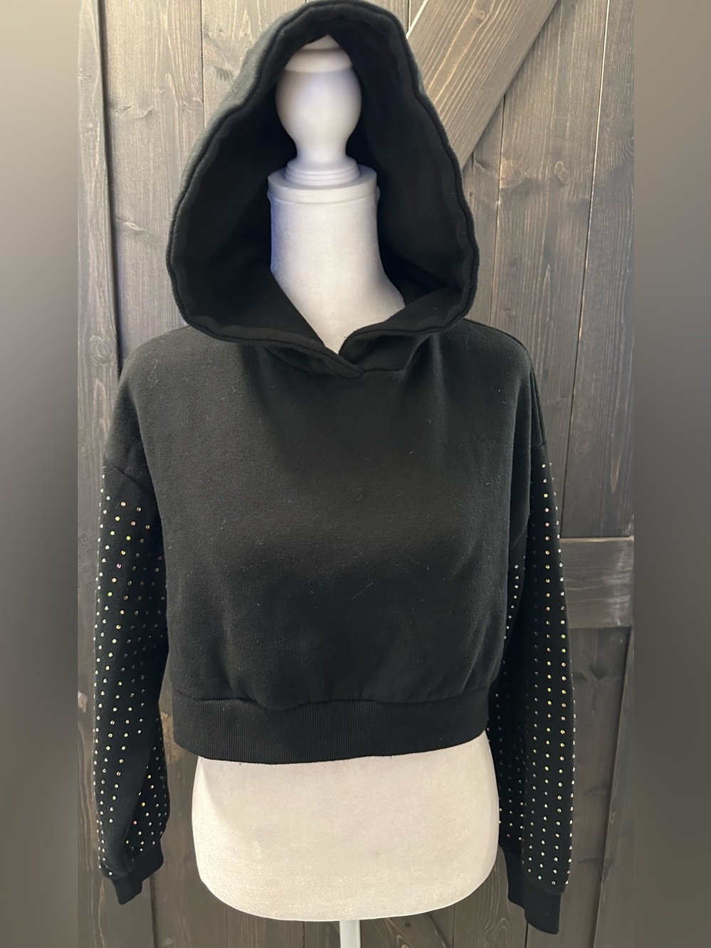 Forever 21 Black Cropped Hoodie with Studded Bling  Sleeves - Size S
